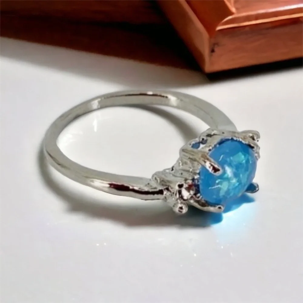 Women’s Blue Fire Opal Ring With Cubic Zirconias 14K White Gold Band